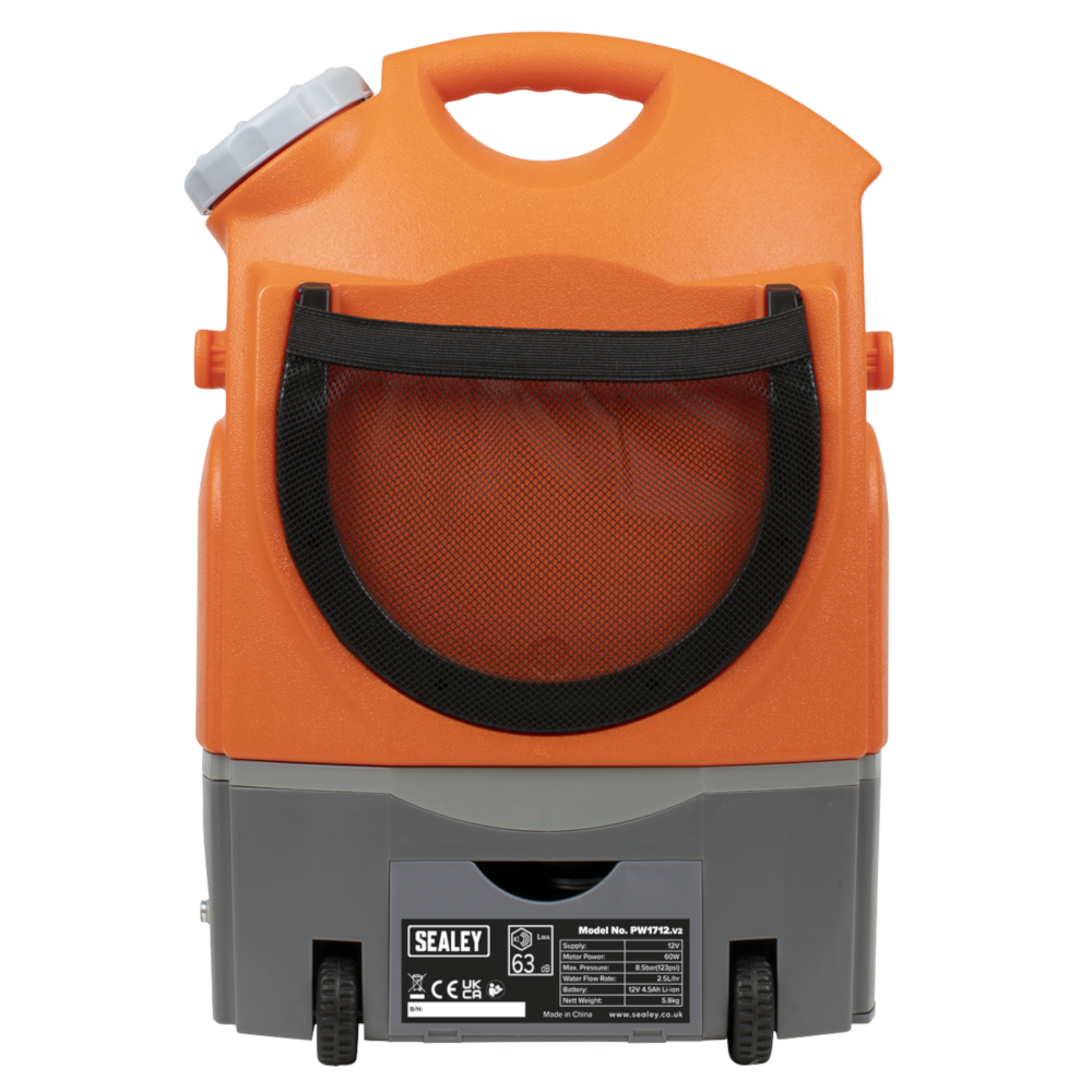 Sealey PW1712 Rechargeable Pressure Washer Car Patio Garden Jet Cleaner, 8.5bar, 17 Litre Capacity, 12V