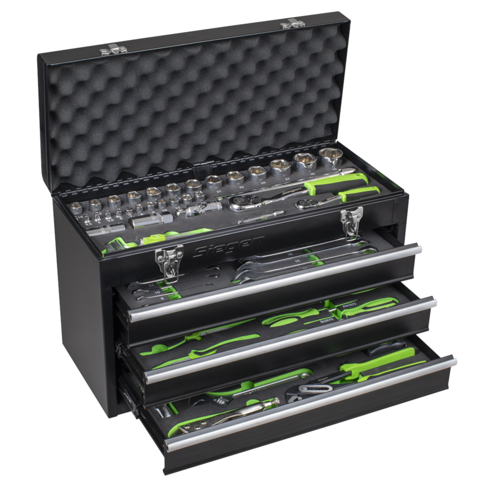 Sealey S01266 Siegen 3 Drawer Top Chest Tool Storage Box with Ball Bearing Slides and 98 Piece Tool Kit Black