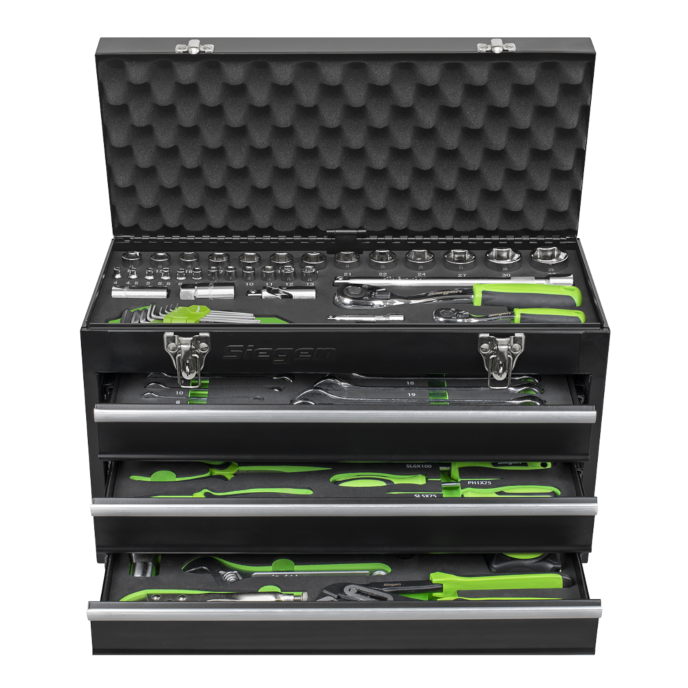 Sealey S01266 Siegen 3 Drawer Top Chest Tool Storage Box with Ball Bearing Slides and 98 Piece Tool Kit Black