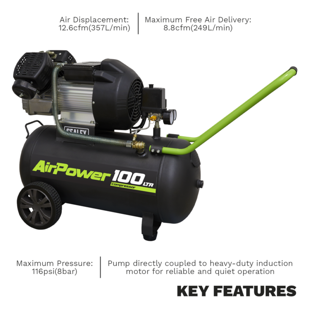 Sealey SAC10030VE Direct Drive V-Twin Air Compressor with Wheels, 100 Litre, 3hp 2.22kW 230V