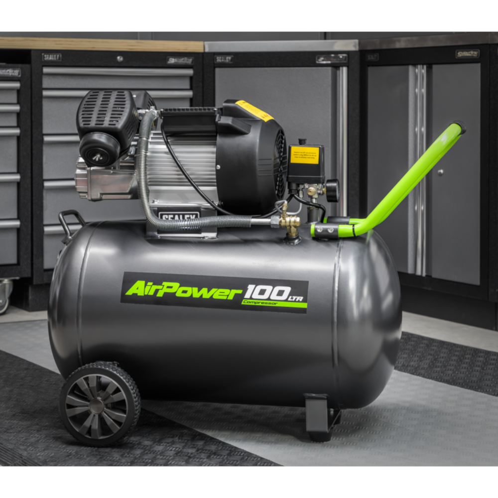 Sealey SAC10030VE Direct Drive V-Twin Air Compressor with Wheels, 100 Litre, 3hp 2.22kW 230V
