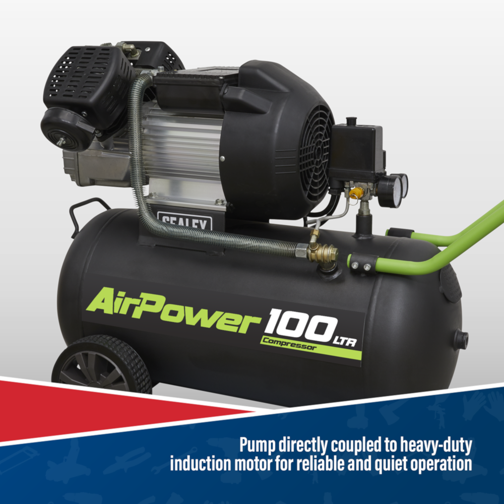 Sealey SAC10030VE Direct Drive V-Twin Air Compressor with Wheels, 100 Litre, 3hp 2.22kW 230V