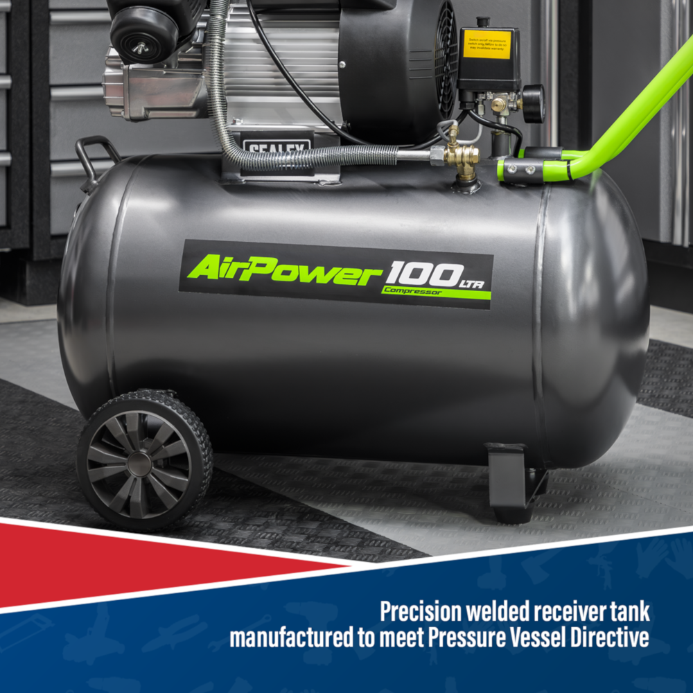 Sealey SAC10030VE Direct Drive V-Twin Air Compressor with Wheels, 100 Litre, 3hp 2.22kW 230V