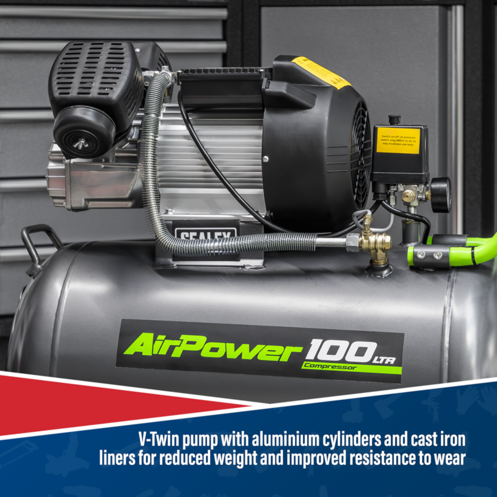 Sealey SAC10030VE Direct Drive V-Twin Air Compressor with Wheels, 100 Litre, 3hp 2.22kW 230V