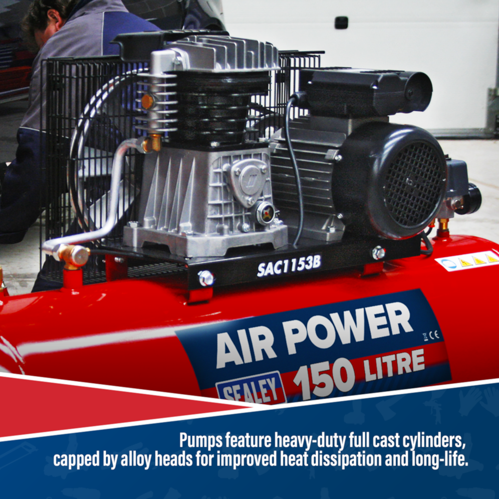 Sealey SAC1153B Belt Drive Air Compressor with Cast Cylinders, 150 Litre, 3hp 2.2kW 230V