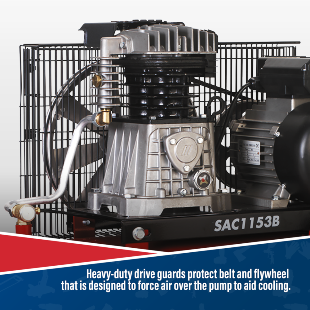 Sealey SAC1153B Belt Drive Air Compressor with Cast Cylinders, 150 Litre, 3hp 2.2kW 230V
