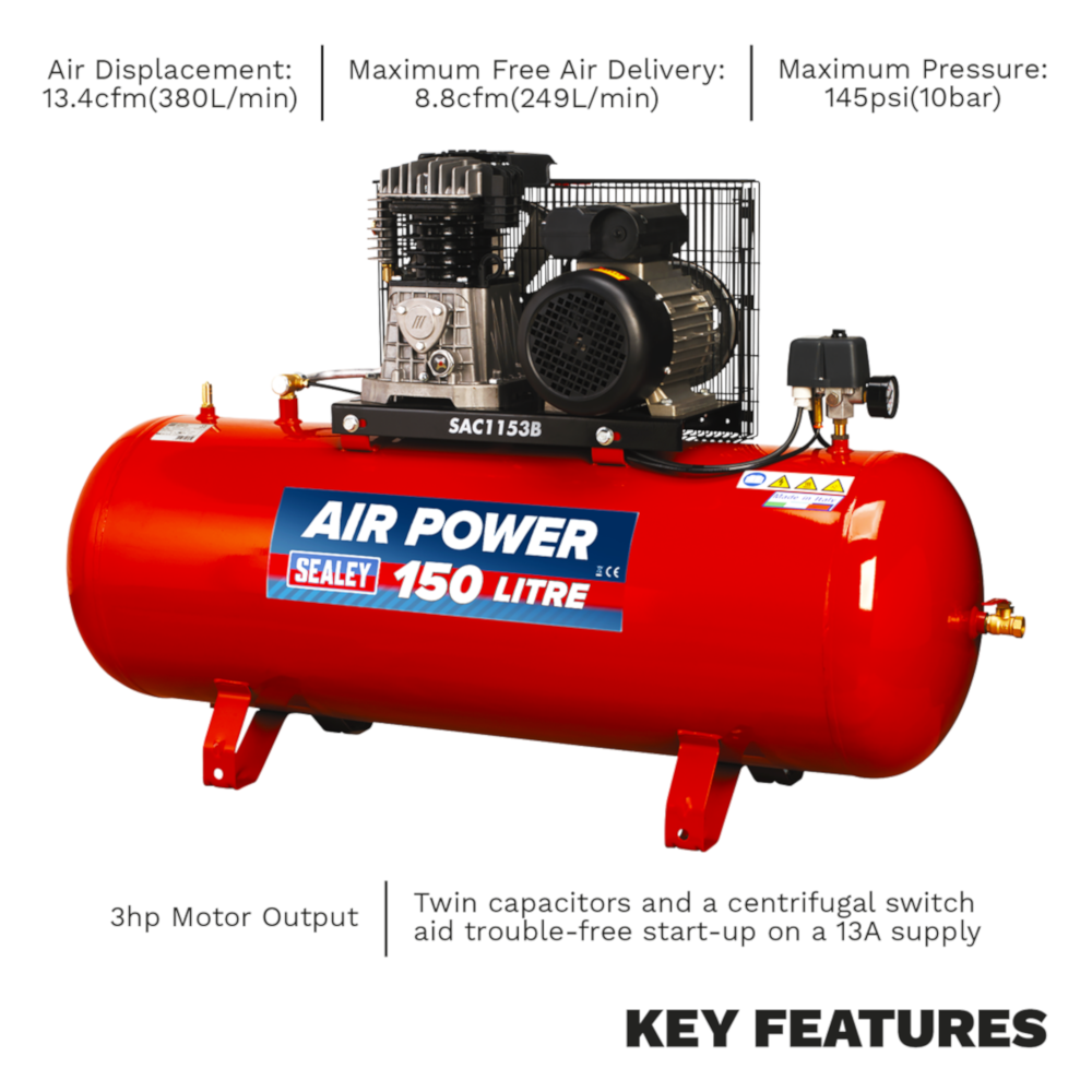 Sealey SAC1153B Belt Drive Air Compressor with Cast Cylinders, 150 Litre, 3hp 2.2kW 230V