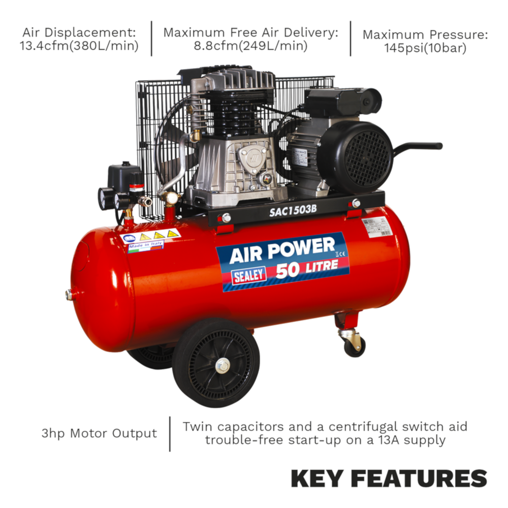 Sealey SAC1503B Belt Drive Air Compressor with Cast Cylinders & Wheels, 50 Litre, 3hp 2.2kW 230V