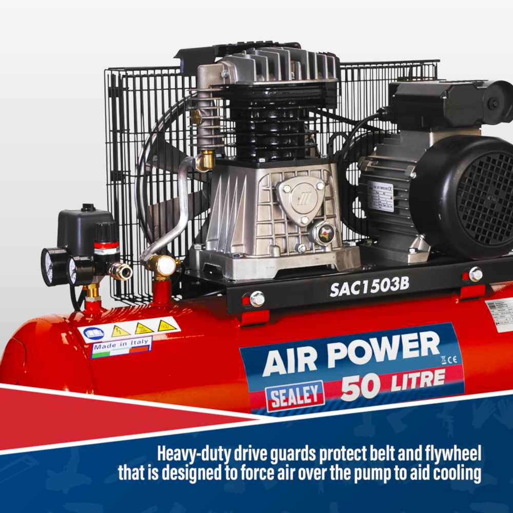 Sealey SAC1503B Belt Drive Air Compressor with Cast Cylinders & Wheels, 50 Litre, 3hp 2.2kW 230V