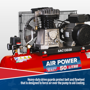 Sealey SAC1503B Belt Drive Air Compressor with Cast Cylinders & Wheels, 50 Litre, 3hp 2.2kW 230V