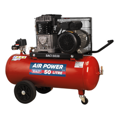 Sealey SAC1503B Portable Belt Drive Air Compressor with Cast Cylinders &amp; Wheels 50 Litre 3hp 230V 13A