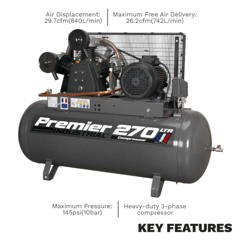 Sealey SAC32775B Belt Drive Air Compressor with Cast Cylinders, 270 Litre, 7.5hp 5.59kW 415V 3ph