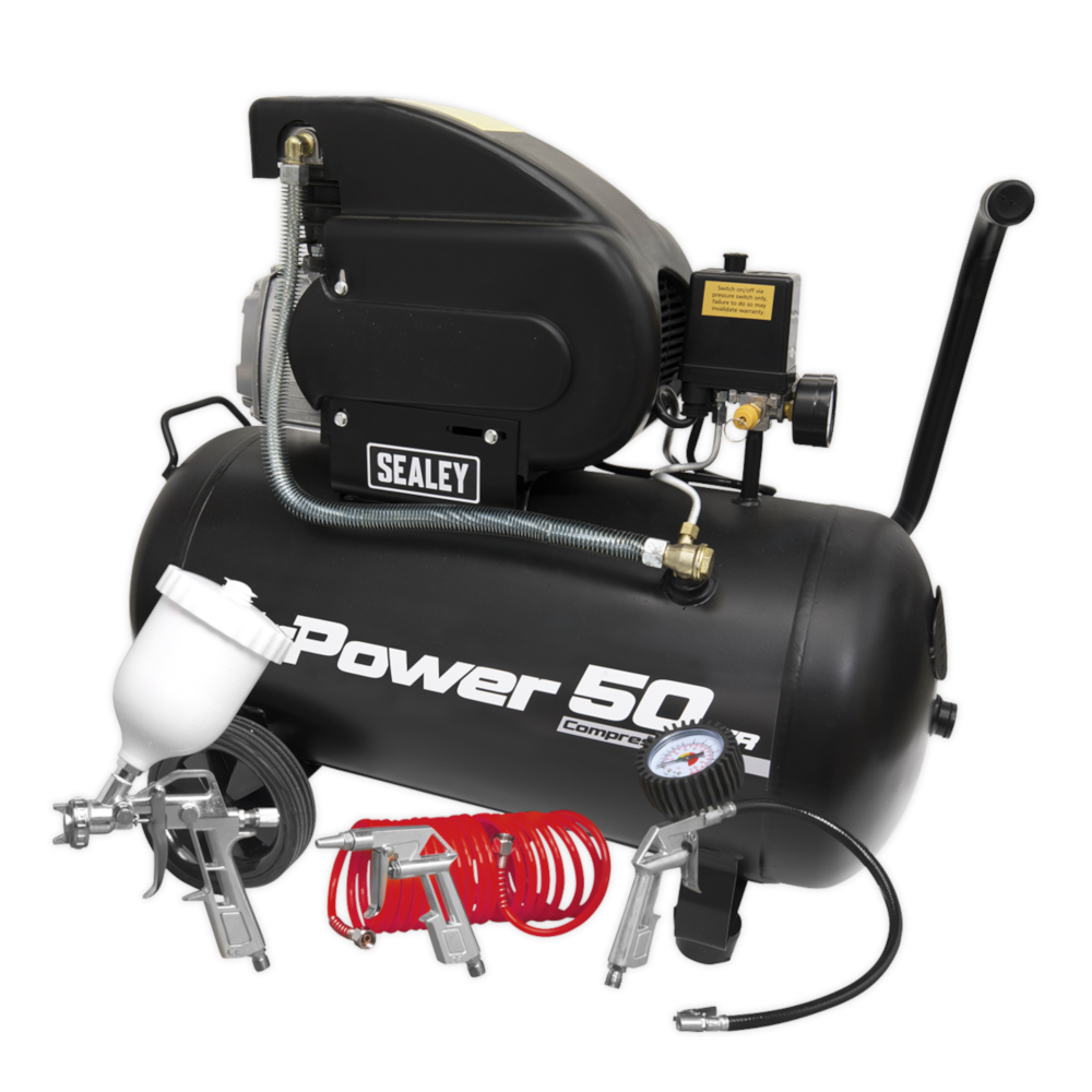 Sealey SAC5020APK Direct Drive Air Compressor with 4 Piece Accessory Kit, 50 Litre, 2hp 1.49kW 230V