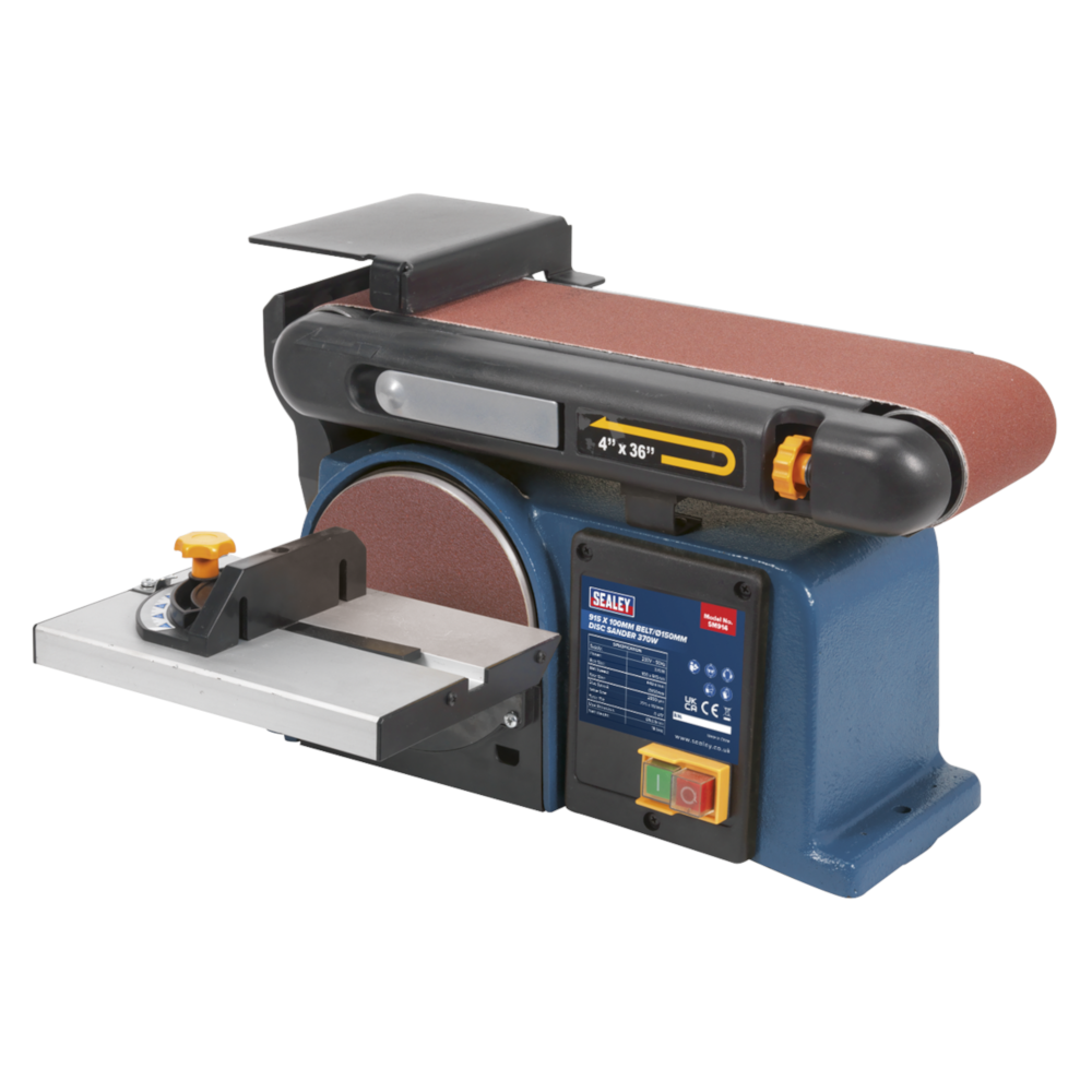 Sealey SM914 Bench Mounted Garage Workshop Belt and Disc Sander 915 x 100mm/150mm 370W 230V