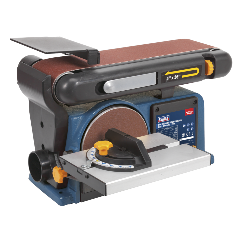 Sealey SM914 Bench Mounted Garage Workshop Belt and Disc Sander 915 x 100mm/150mm 370W 230V