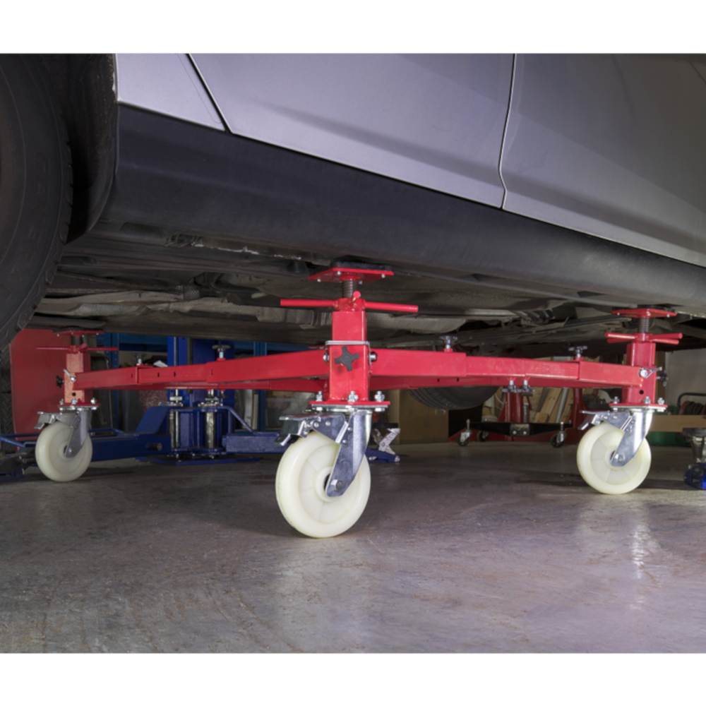 Sealey VMD002 Adjustable 4 Post Garage Workshop Vehicle Car Transport Support Trolley 900kg Red