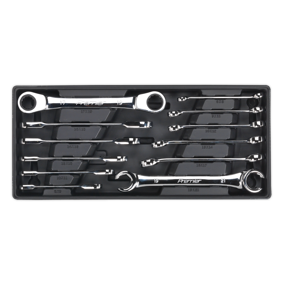 Premier Flare Nut & Ratchet Ring Spanner Set with Tool Tray 12pc