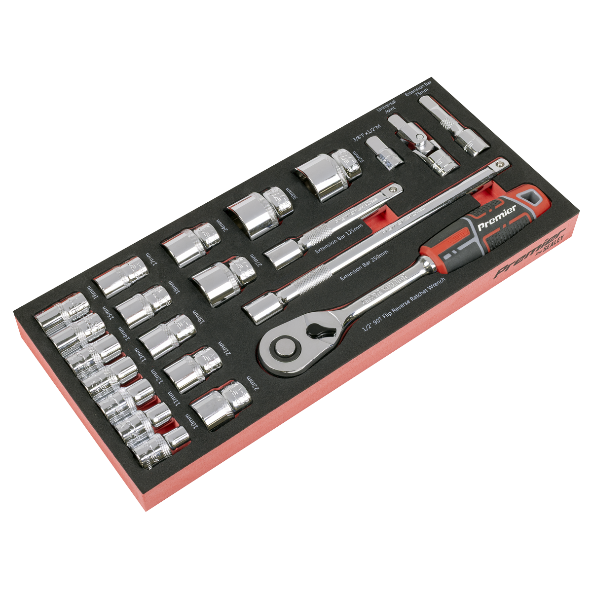 Socket Set with Tool Tray 1/2"Sq Drive 22pc