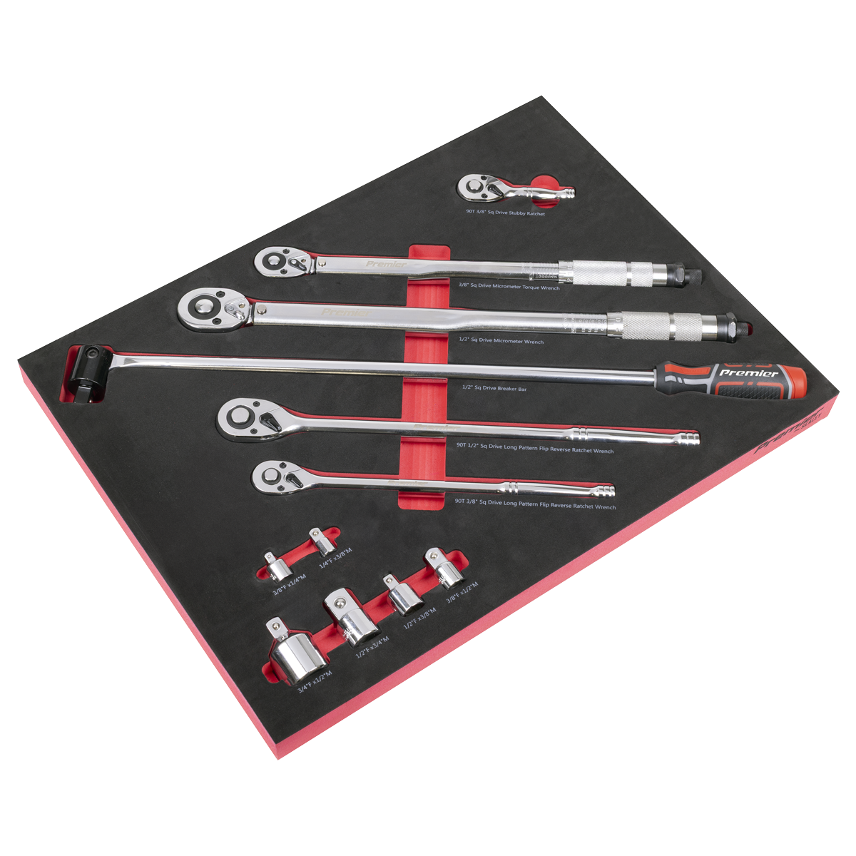 Ratchet, Torque Wrench, Breaker Bar & Socket Adaptor Set with Tool Tray 3/8"Sq & 1/2"Sq Drive 12pc