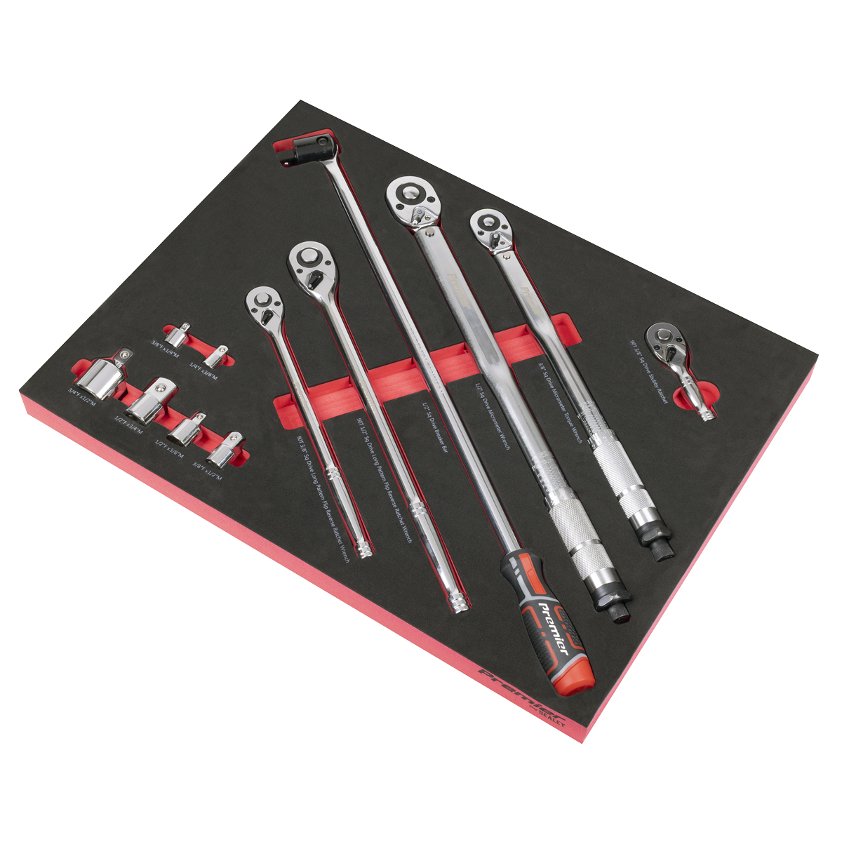 Ratchet, Torque Wrench, Breaker Bar & Socket Adaptor Set with Tool Tray 3/8"Sq & 1/2"Sq Drive 12pc