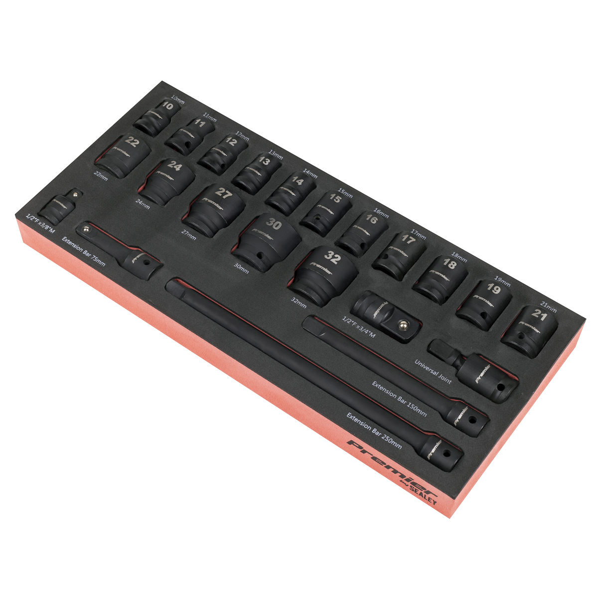 Impact Socket Set with Tool Tray 1/2"Sq Drive 22pc