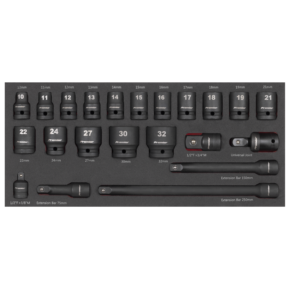 Premier Impact Socket Set with Tool Tray 1/2"Sq Drive 22pc