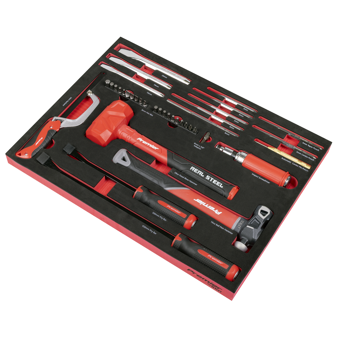 Premier Striking, Pry Bar, Hacksaw & Impact Screwdriver Set with Tool Tray 39pc
