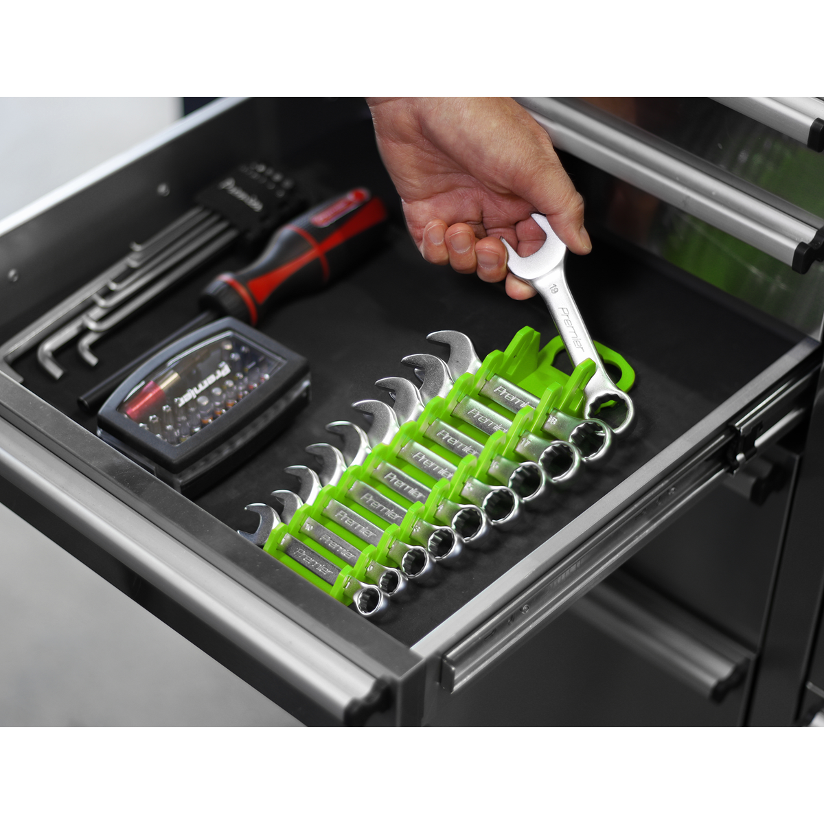 Premier Spanner Rack, 10 Stubby Spanners Capacity, Hi-Vis Green (WR10HV)