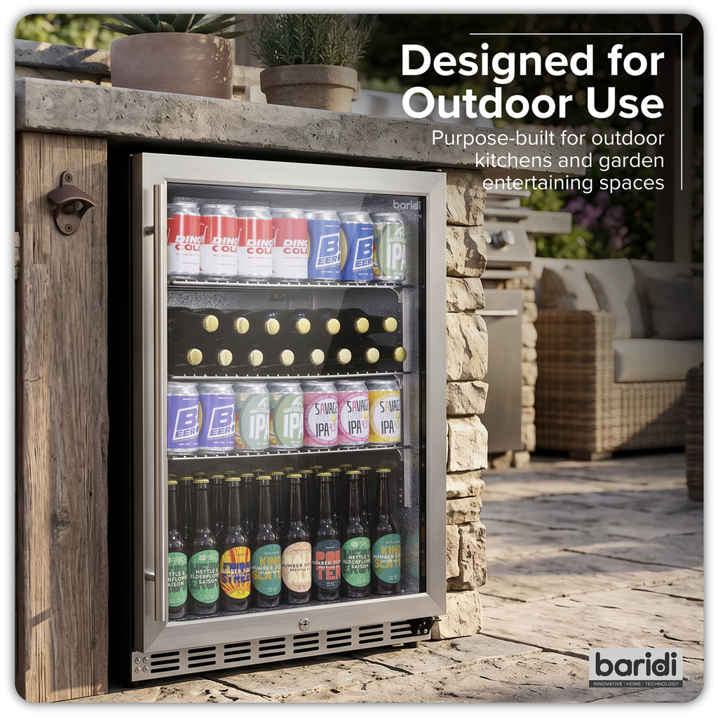 Baridi Outdoor Drinks Fridge with Triple Glazed Door & Lock 150L Stainless Steel (DH439)
