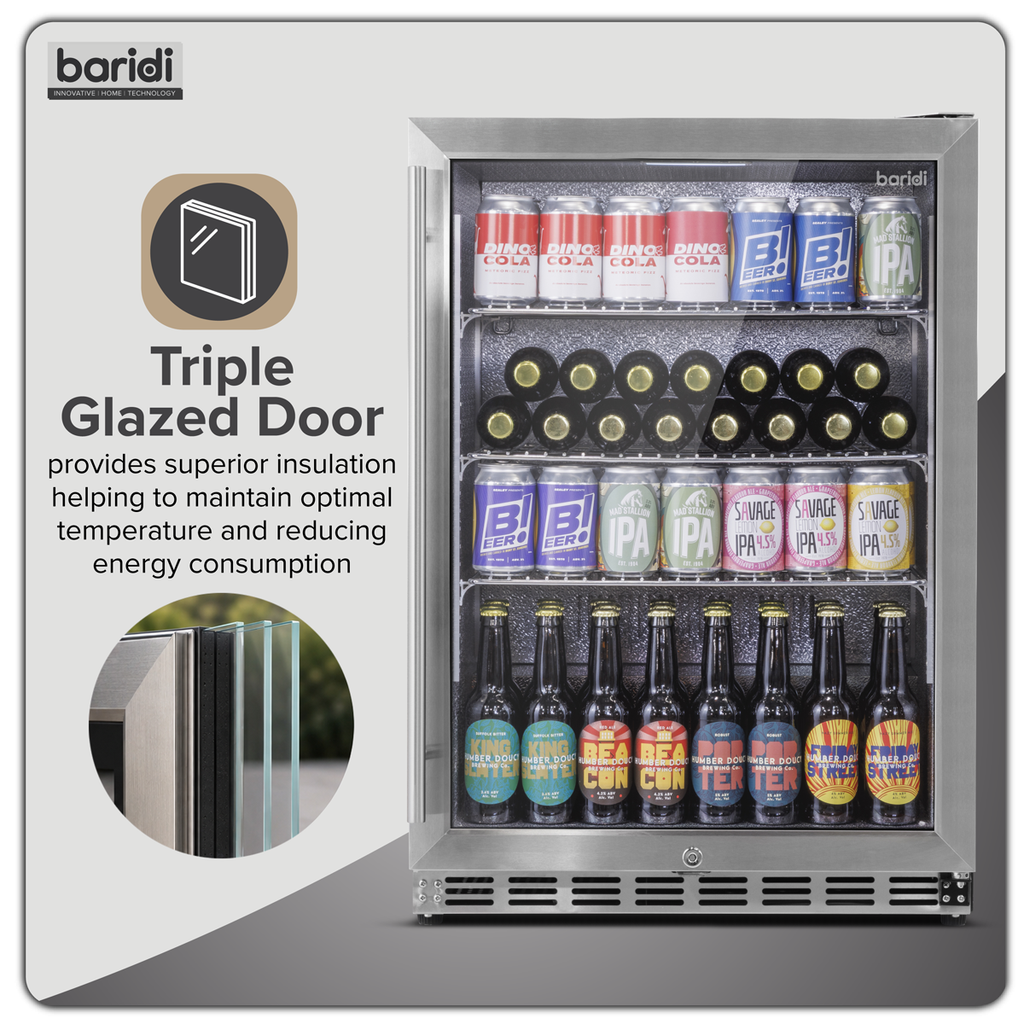 Baridi Outdoor Drinks Fridge with Triple Glazed Door & Lock 150L Stainless Steel (DH439)