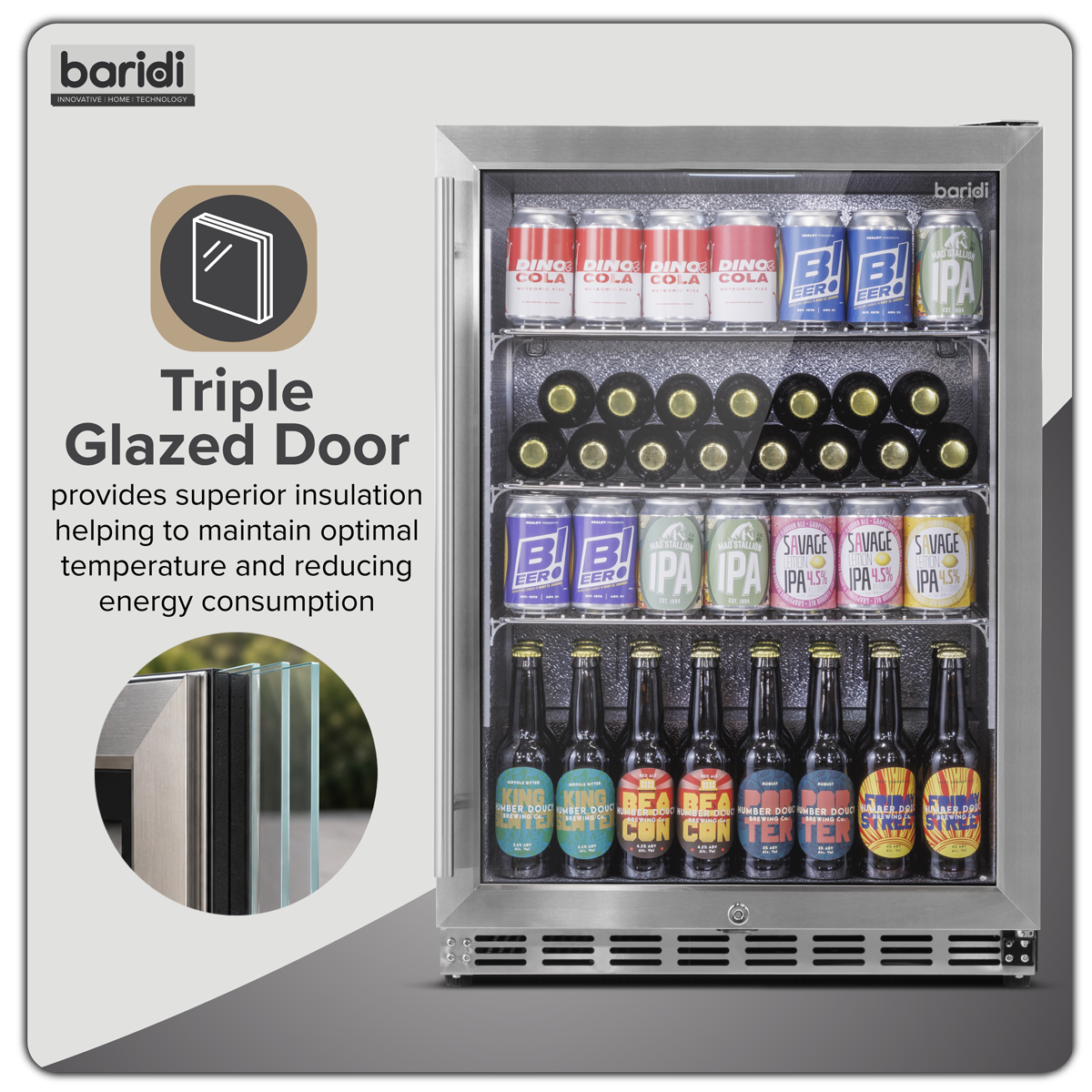 Baridi Outdoor Drinks Fridge with Triple Glazed Door & Lock 150L Stainless Steel (DH439)