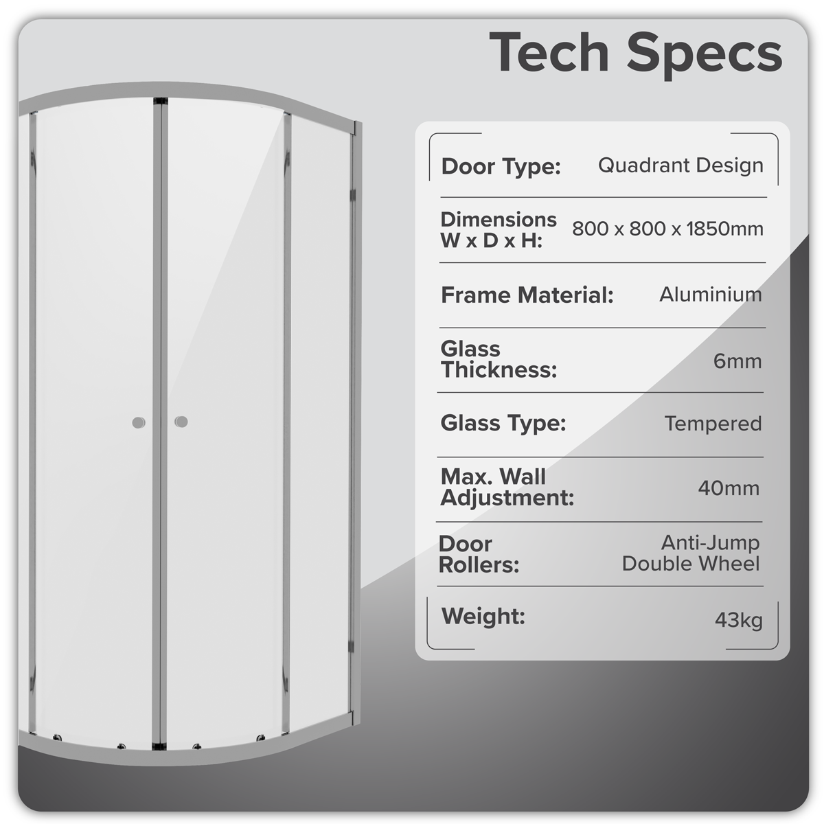 Quadrant Shower Entry Enclosure 800 x 800 x 1850mm with 6mm Tempered Glass - Chrome