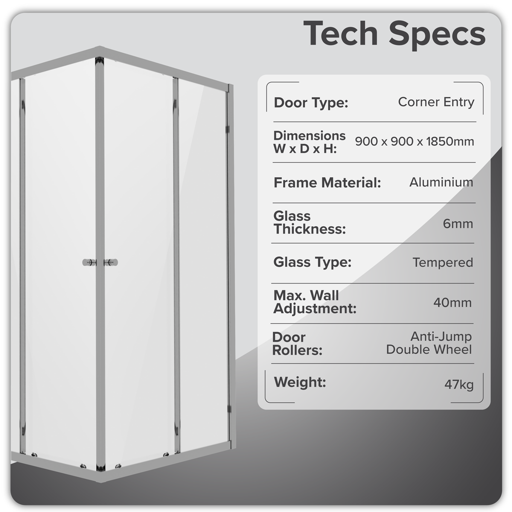 Corner Shower Entry Enclosure 900 x 900 x 1850mm with 6mm Tempered Glass - Chrome
