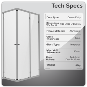 Corner Shower Entry Enclosure 900 x 900 x 1850mm with 6mm Tempered Glass - Chrome