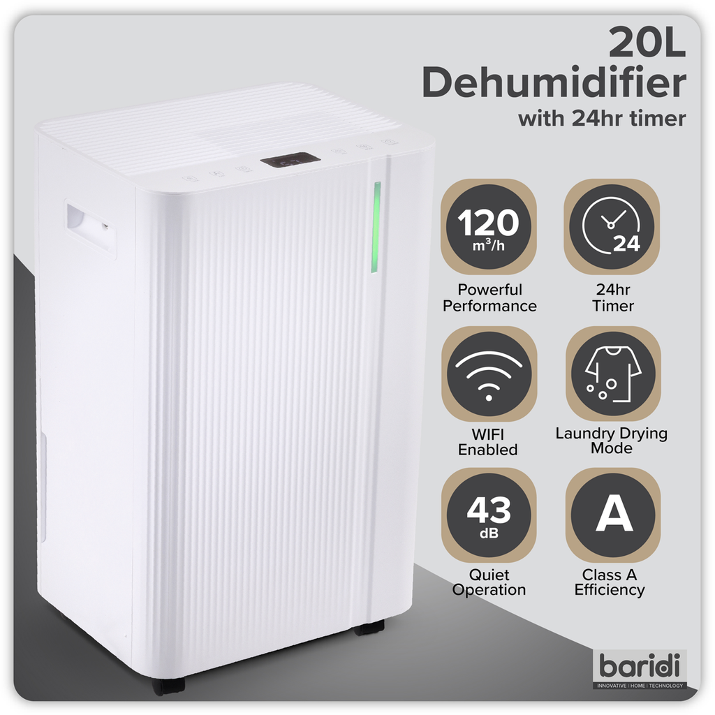 Baridi Dehumidifier with Digital Display & 24hr Timer 12L - White
