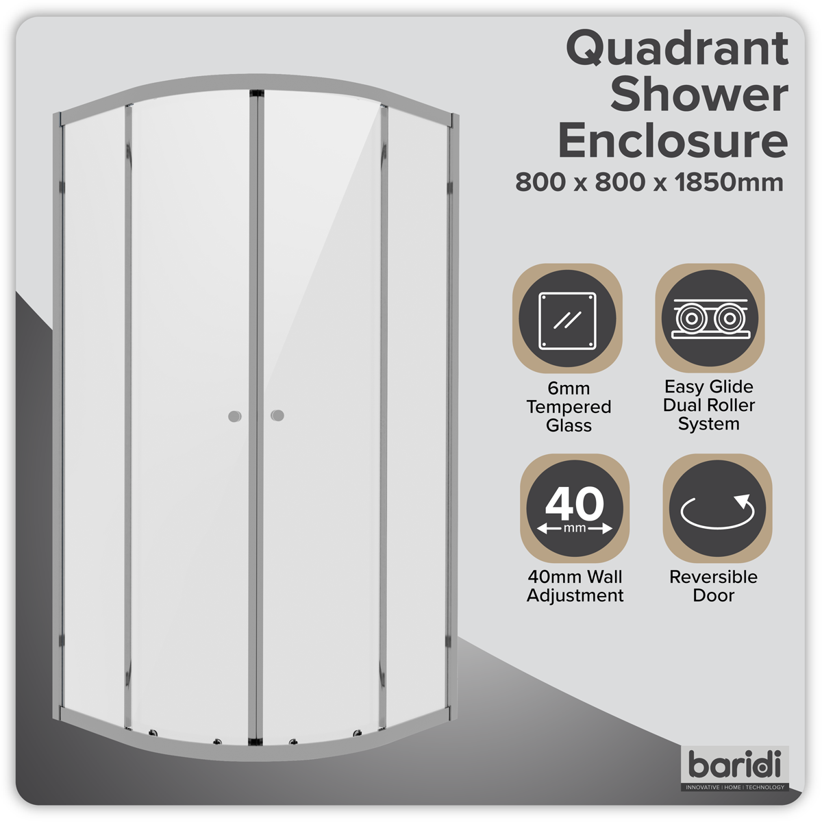 Quadrant Shower Entry Enclosure 800 x 800 x 1850mm with 6mm Tempered Glass - Chrome