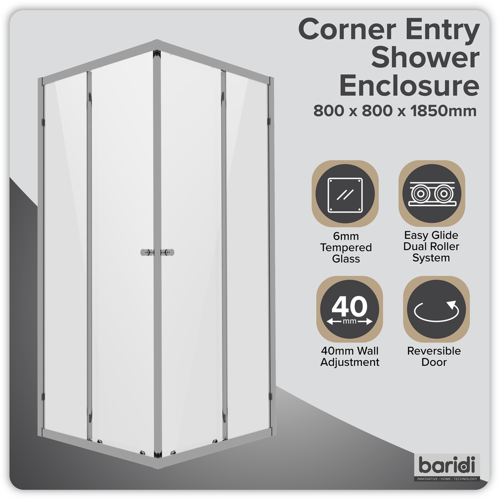 Corner Shower Entry Enclosure 800 x 800 x 1850mm with 6mm Tempered Glass - Chrome