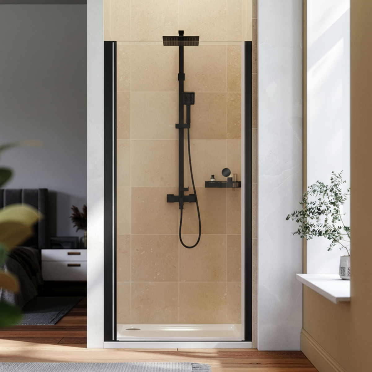 Pivot Shower Door 800 x 1850mm, 6mm Tempered Glass, Reversible - Black