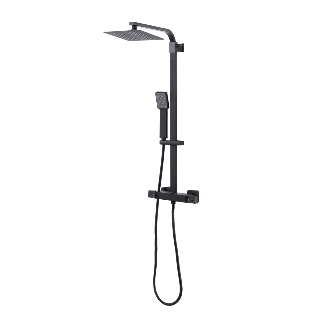 Thermostatic Shower Mixer Set, 20x20cm Square Head, Adjustable Rail - Black