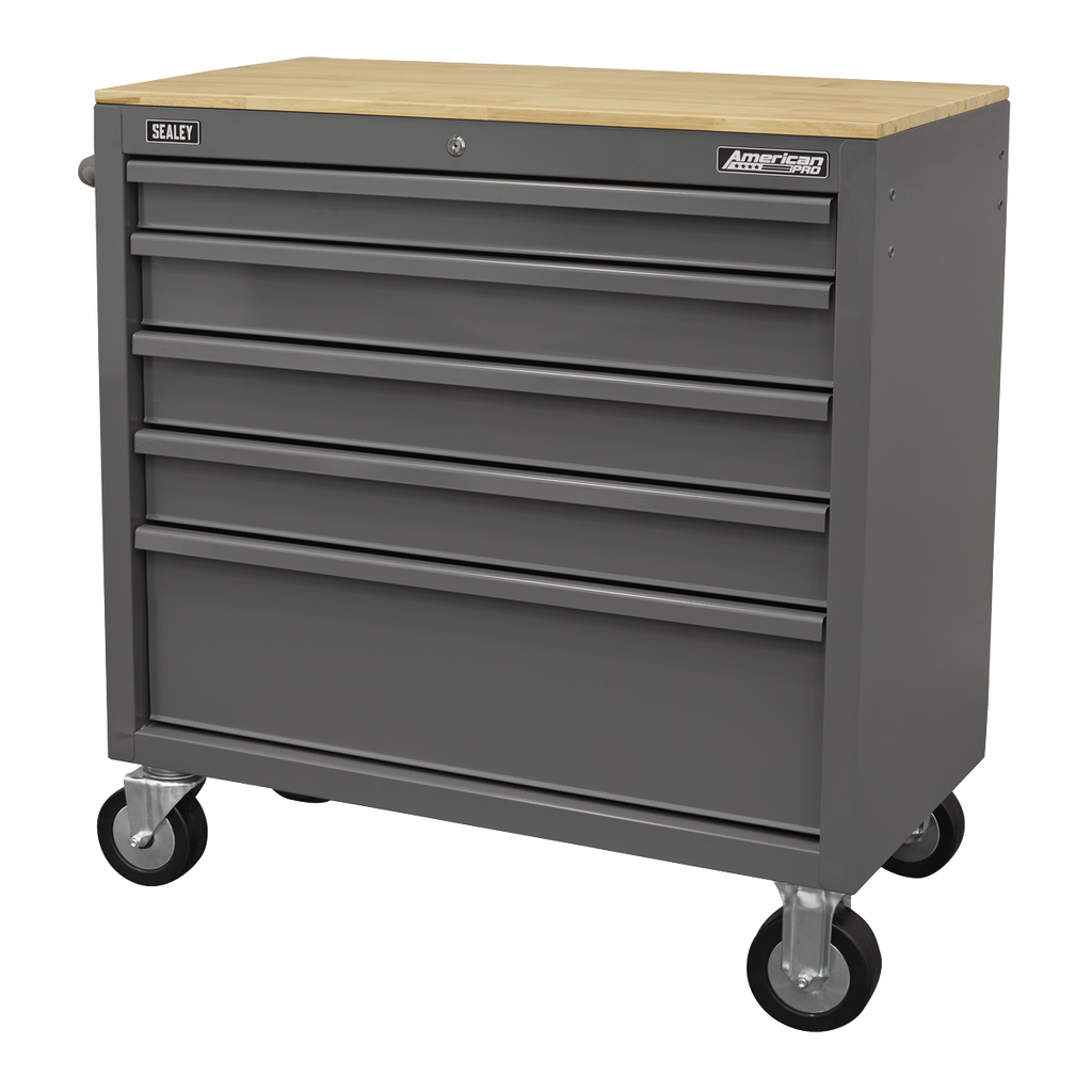 American PRO® Mobile Workstation with Wooden Worktop 5 Drawer - Grey
