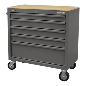 American PRO® Mobile Workstation with Wooden Worktop 5 Drawer - Grey
