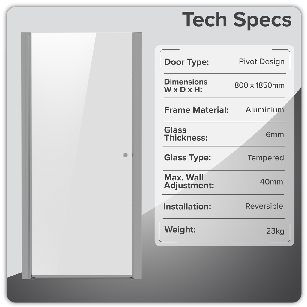 Pivot Shower Door 800 x 1850mm, 6mm Tempered Glass, Reversible - Chrome