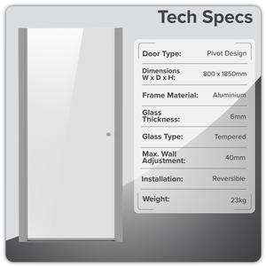 Pivot Shower Door 800 x 1850mm, 6mm Tempered Glass, Reversible - Chrome