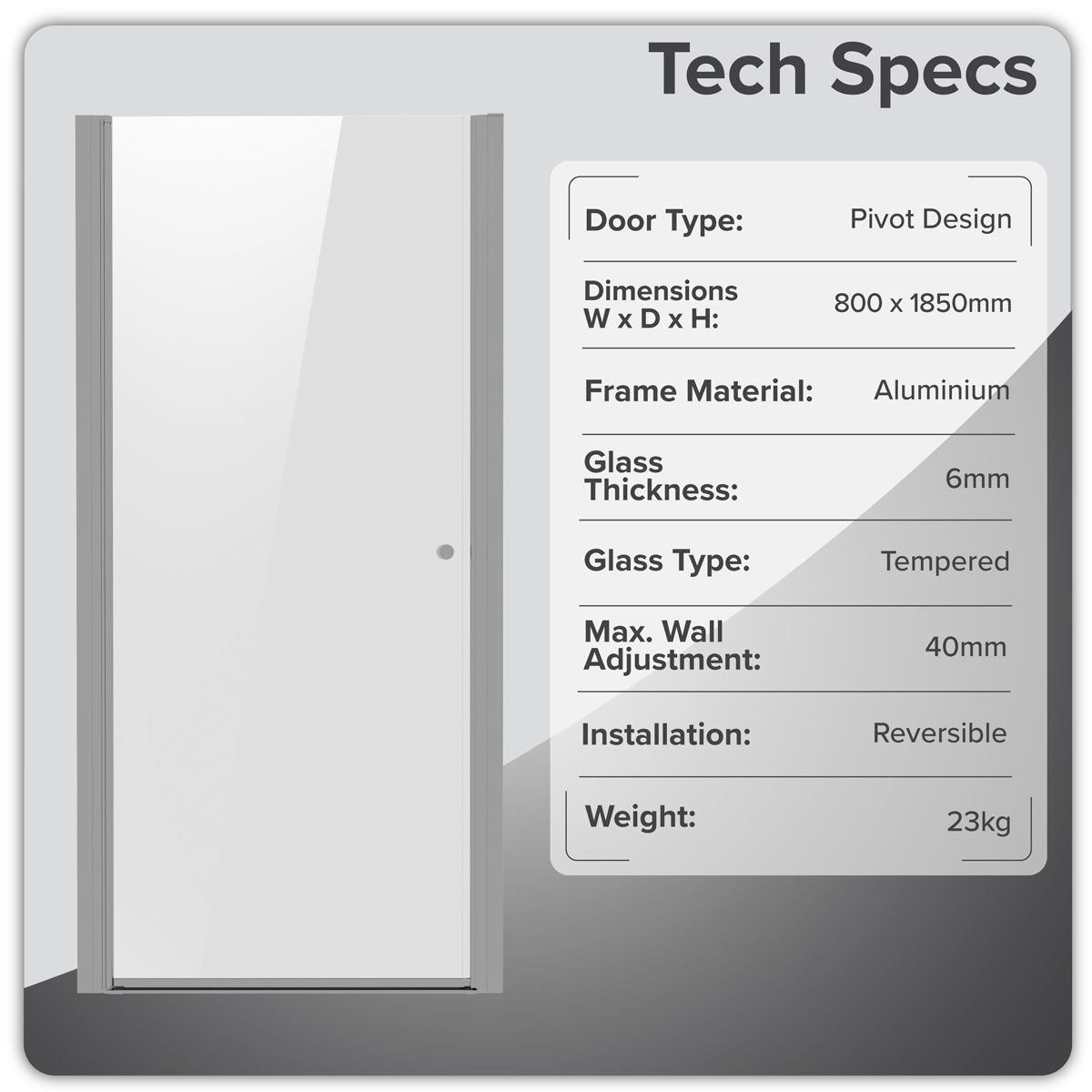 Pivot Shower Door 800 x 1850mm, 6mm Tempered Glass, Reversible - Chrome