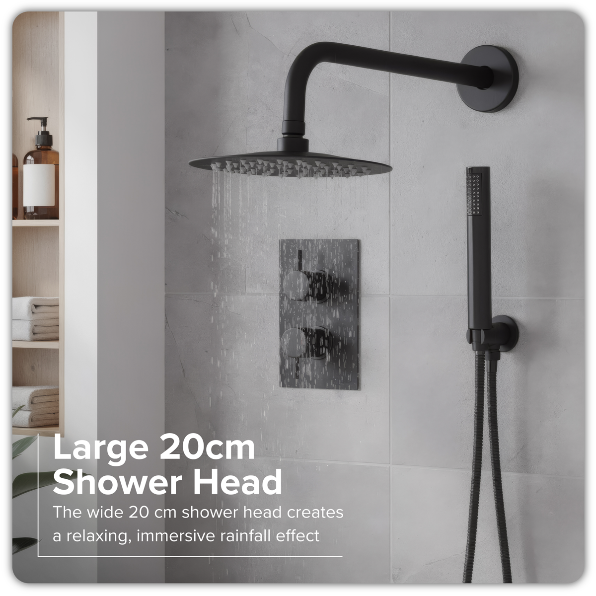 Concealed Thermostatic Shower Set, 20cm Round Head & Hand Shower - Black