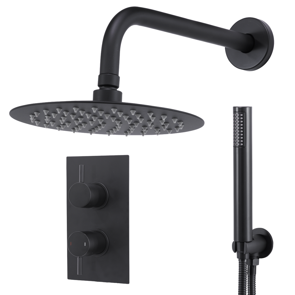 Concealed Thermostatic Shower Set, 20cm Round Head & Hand Shower - Black