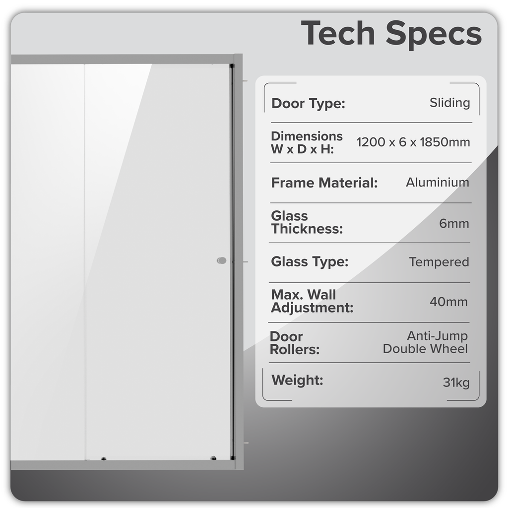 Sliding Shower Door 1200 x 1850mm, 6mm Tempered Glass, Reversible - Black