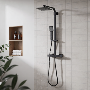 Thermostatic Shower Mixer Set, 20x20cm Square Head, Adjustable Rail - Black