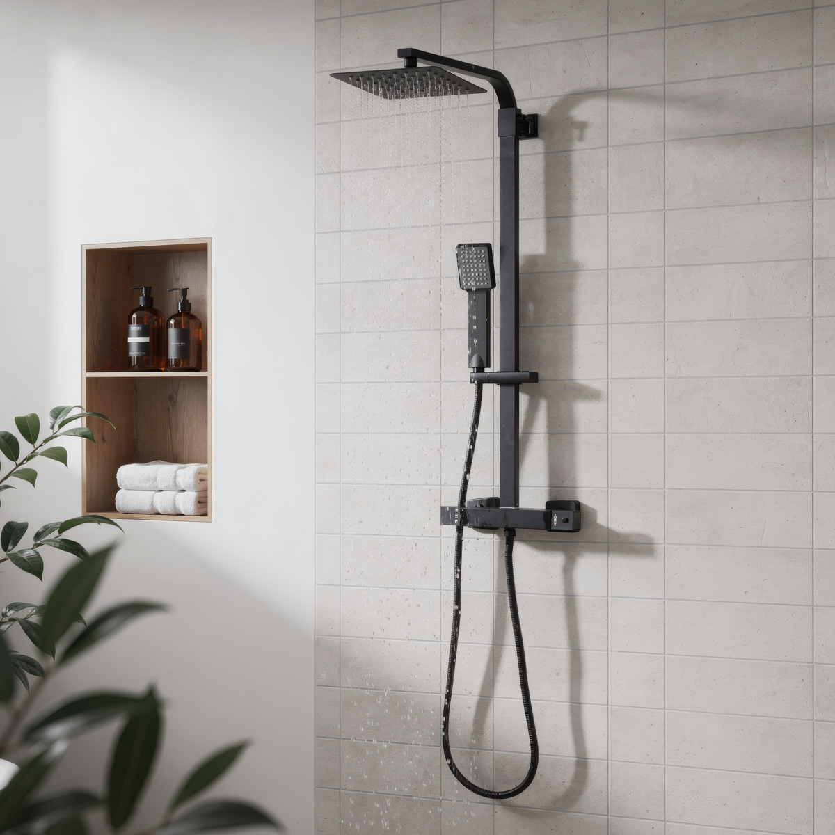 Thermostatic Shower Mixer Set, 20x20cm Square Head, Adjustable Rail - Black