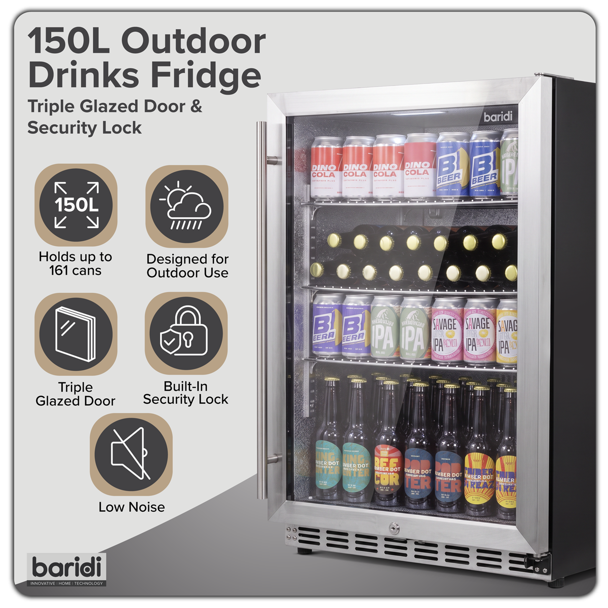 Baridi Outdoor Drinks Fridge with Triple Glazed Door & Lock 150L Stainless Steel (DH439)
